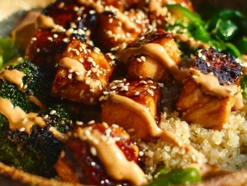 Crispy Bang Bang Salmon Bites served in a bowl with fresh toppings