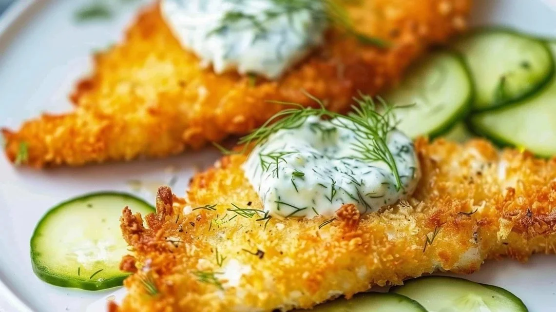 Plate of Crispy Dill Pickle Parmesan Chicken garnished with fresh herbs