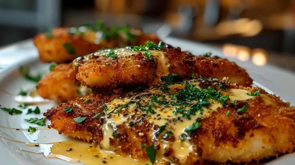Crispy Parmesan Chicken with Garlic Sauce plated for serving
