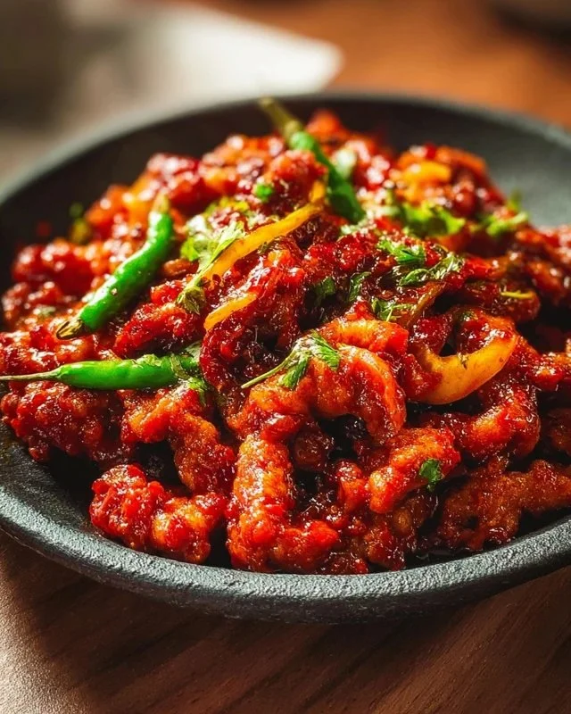Plate of spicy Dragon Chicken garnished with vegetables