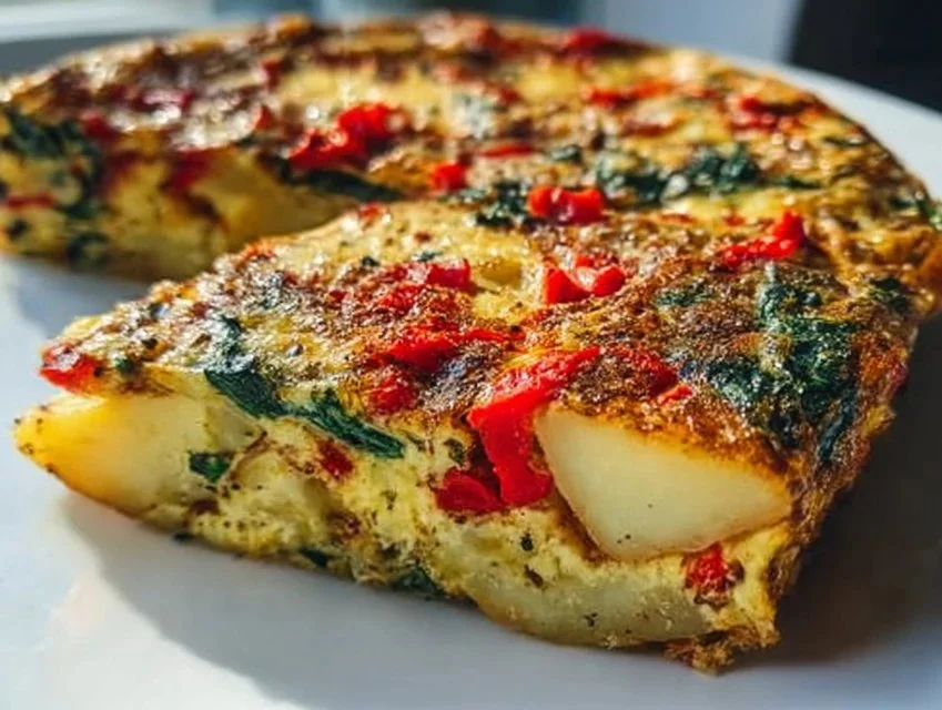 Easy frittata with potatoes, red peppers, and spinach on a plate.