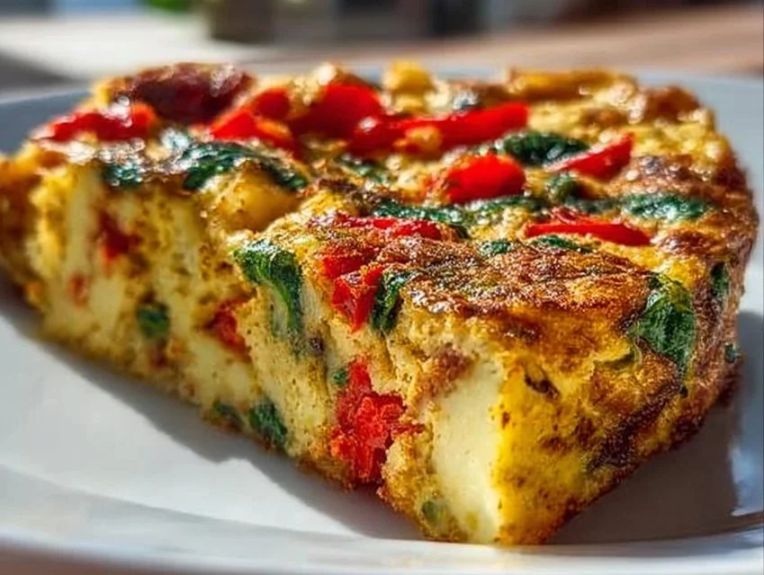 Easy frittata with potatoes, red peppers, and spinach served on a plate