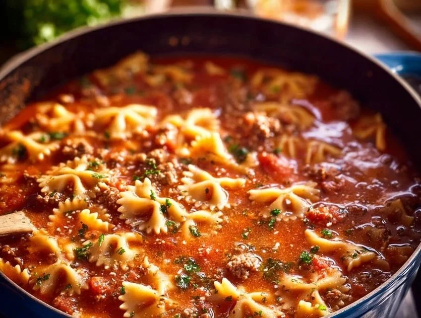 Bowl of easy lasagna soup with cheese and herbs on a rustic table