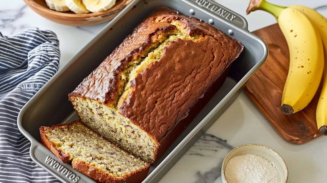 Slice of easy moist banana bread with ripe bananas and nuts