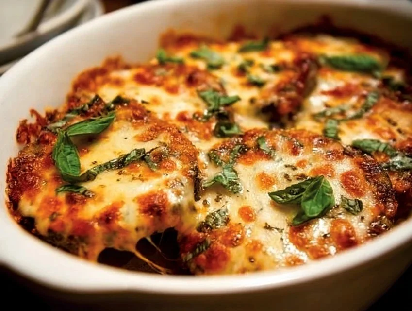 Delicious Eggplant Parmesan baked to perfection with cheese and tomato sauce