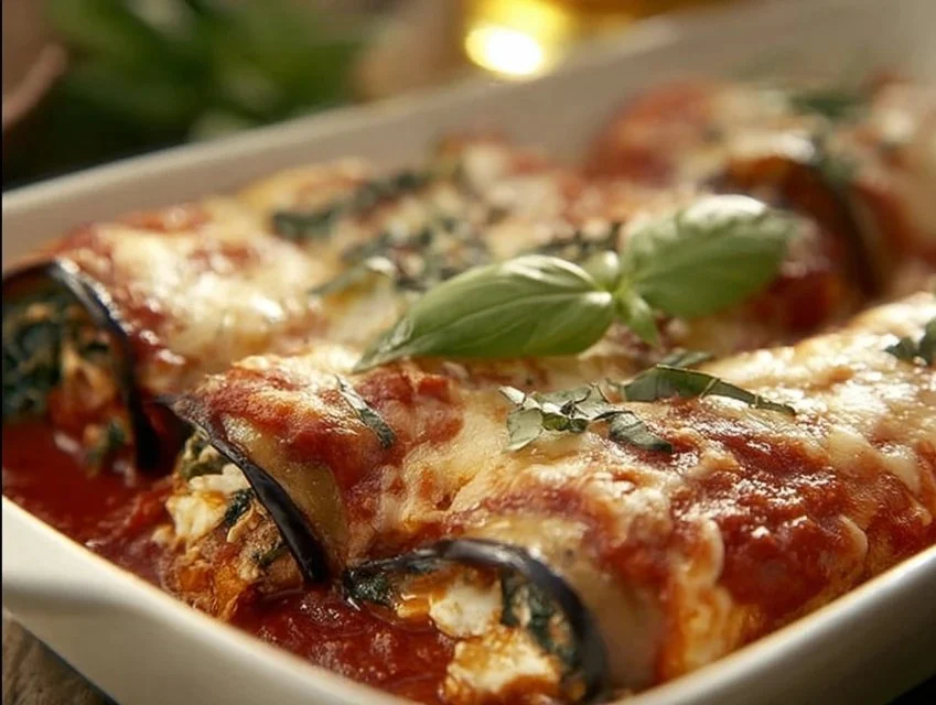 Baked Fluffy Eggplant Rollatini garnished with fresh herbs and cheese
