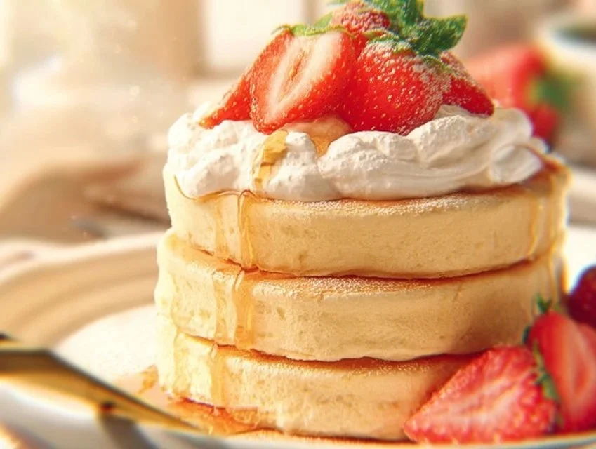 Fluffy Japanese soufflé pancakes stacked on a plate