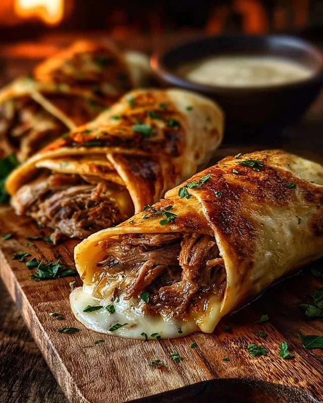 Delicious French Dip Tortilla Roll Ups ready to be served.