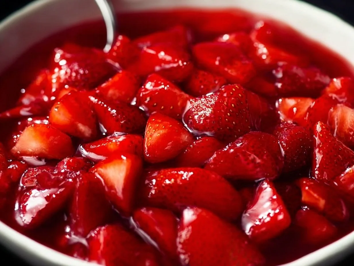 Delicious fresh strawberry sauce drizzled over dessert