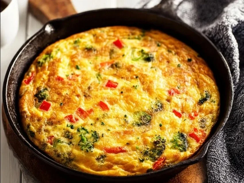 Delicious homemade frittata with vegetables and herbs on a plate