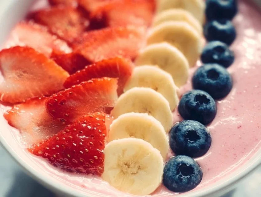Bowl of colorful fruit smoothie topped with fresh fruits and seeds