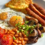 Delicious Full English Breakfast with eggs, bacon, sausages, and toast on a plate
