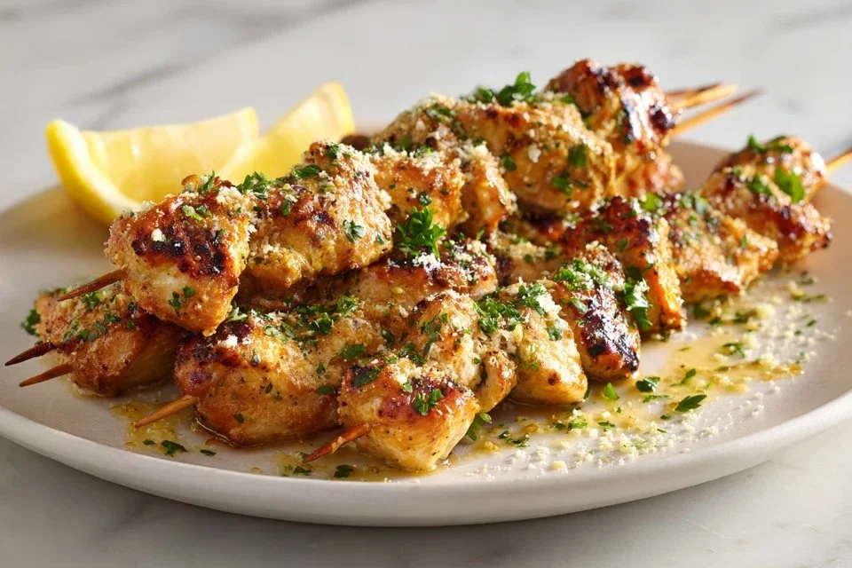 Delicious Garlic Parmesan Chicken Skewers ready to grill and serve