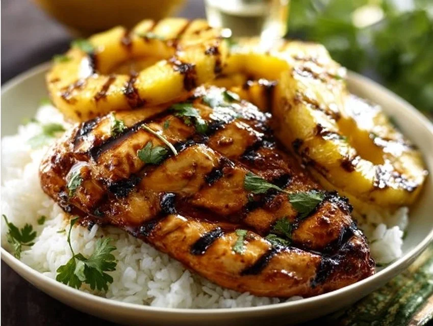 Hawaiian Chicken with pineapple and coconut rice on a colorful plate.