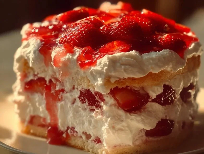 Slice of Heaven on Earth Cake topped with creamy frosting and fruit decorations