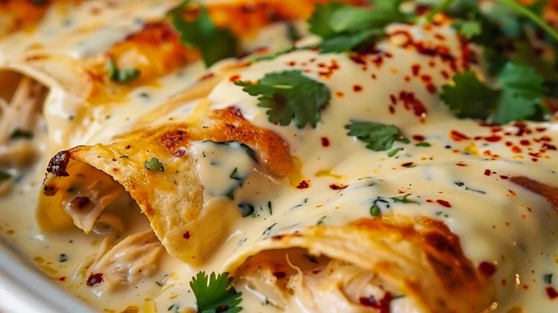 High protein chicken enchiladas topped with cheese and served on a plate.