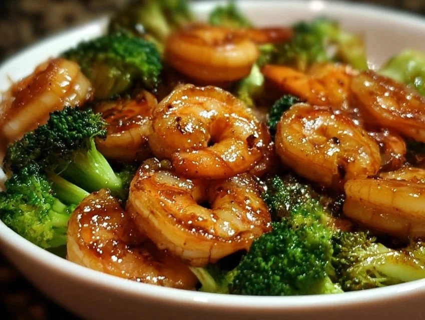 Plate of high-protein honey garlic shrimp with vegetables and rice