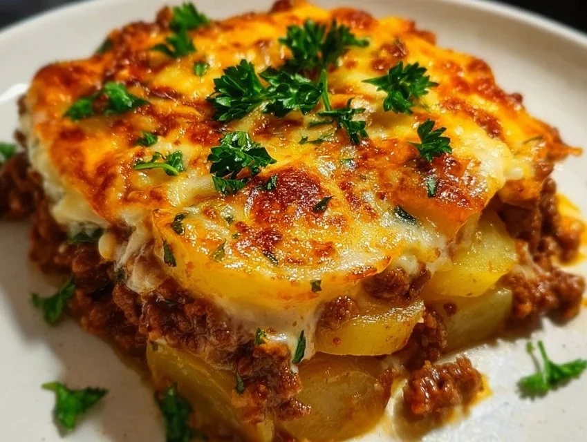 Hobo Casserole made with ground beef, vegetables, and seasonings in a casserole dish.