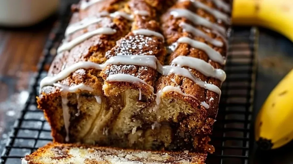 Slice of homemade cinnamon swirl banana bread on a wooden serving board.