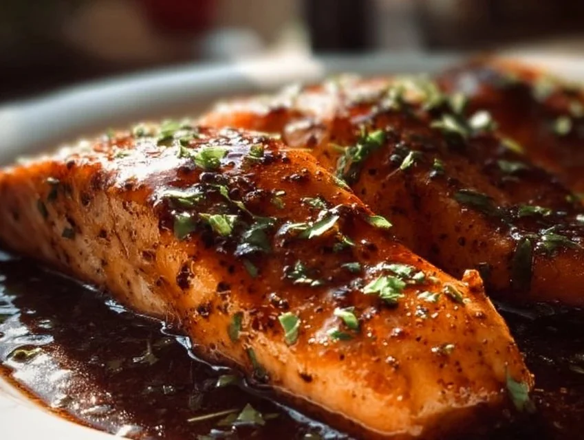 Delicious Honey Garlic Salmon served with vegetables on a plate
