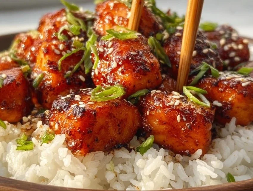 Plate of delicious Honey Garlic Salmon Bites served with garnish