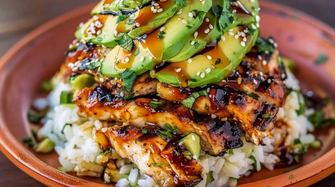 Honey Lime Chicken served on a bed of Avocado Rice Stack