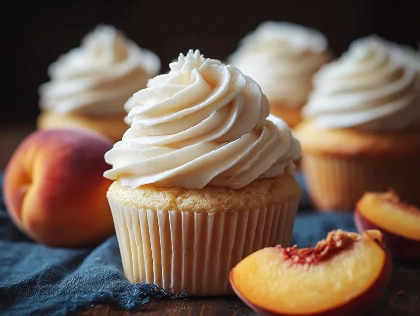 Honey Peach Cream Cheese Cupcakes topped with peach slices and cream cheese frosting