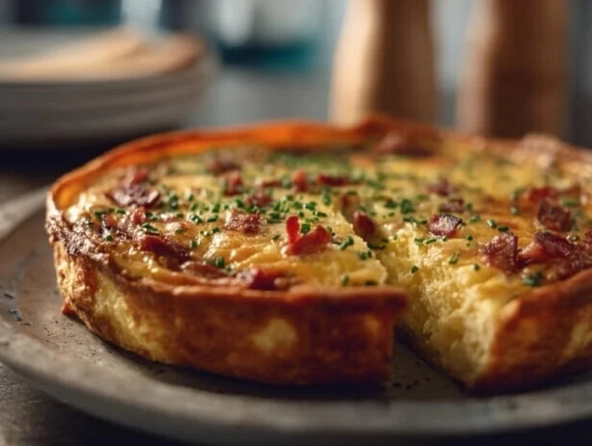 Ina Garten's bacon potato frittata served in a rustic dish