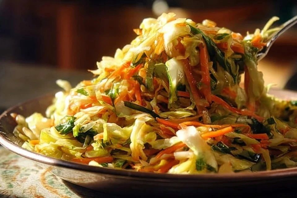 A vibrant bowl of Jamaican Cabbage with colorful vegetables and spices