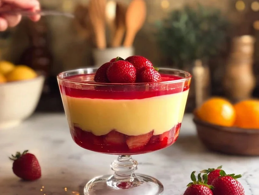 Delicious jelly custard trifle dessert in a glass with colorful layers
