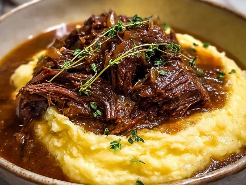 Delicious Juicy French Onion Pot Roast served with onions and herbs