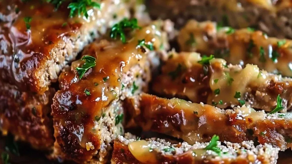 Juicy Garlic Parmesan Chicken Meatloaf sliced and garnished, showcasing its delicious flavor.
