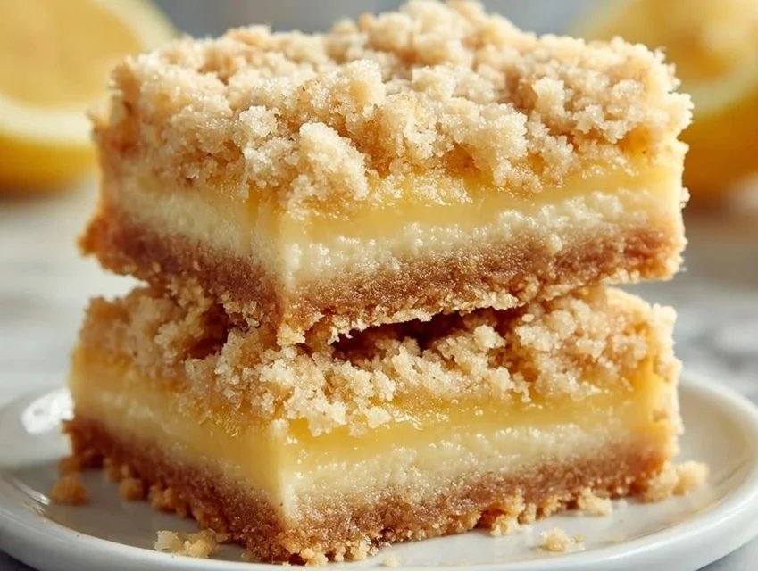 Delicious homemade Lemon Crumb Bars on a plate garnished with lemon slices.