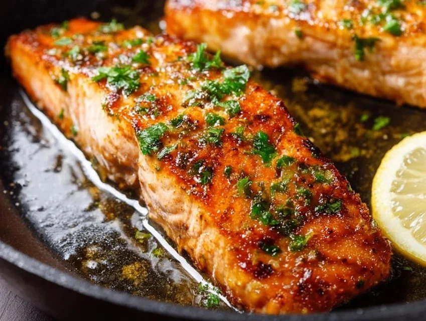 Lemon Garlic Butter Salmon garnished with fresh herbs and lemon slices.