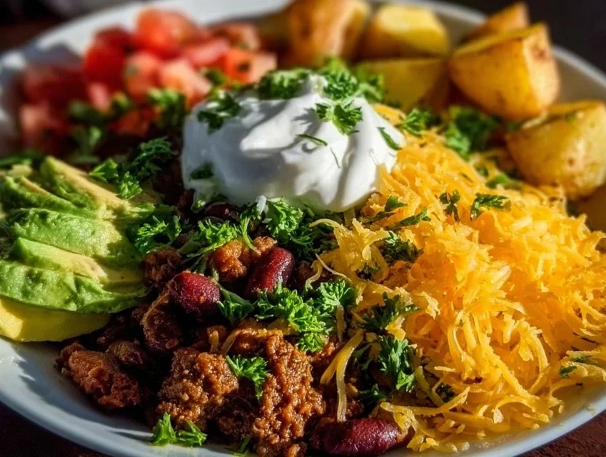 Delicious Loaded Potato Taco Bowl filled with toppings and spices