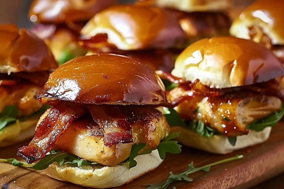 Maple Chicken Bacon Sliders served on a wooden board with fresh ingredients