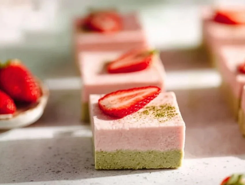Delicious matcha strawberry cream bars with vibrant colors and creamy texture.