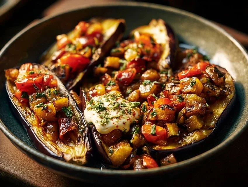 Mediterranean roasted eggplant served with herbs and spices