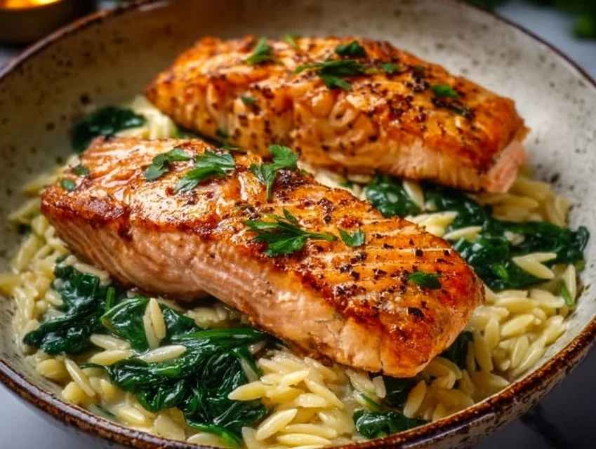 Plate of Mediterranean salmon served with lemon orzo and fresh herbs