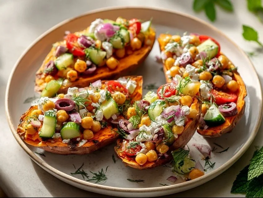 Mediterranean stuffed sweet potatoes with colorful vegetables and toppings