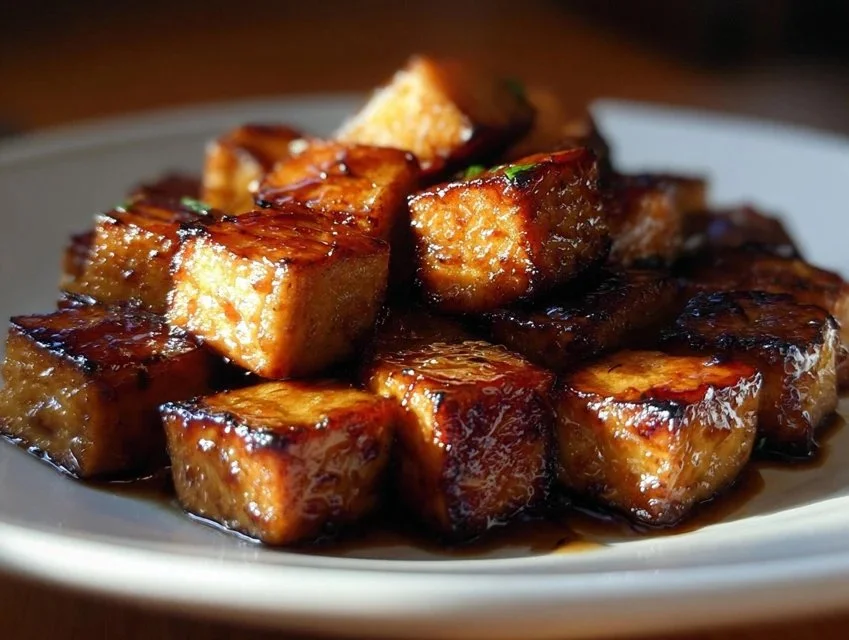 Miso glazed eggplant served on a plate, showcasing its caramelized texture.