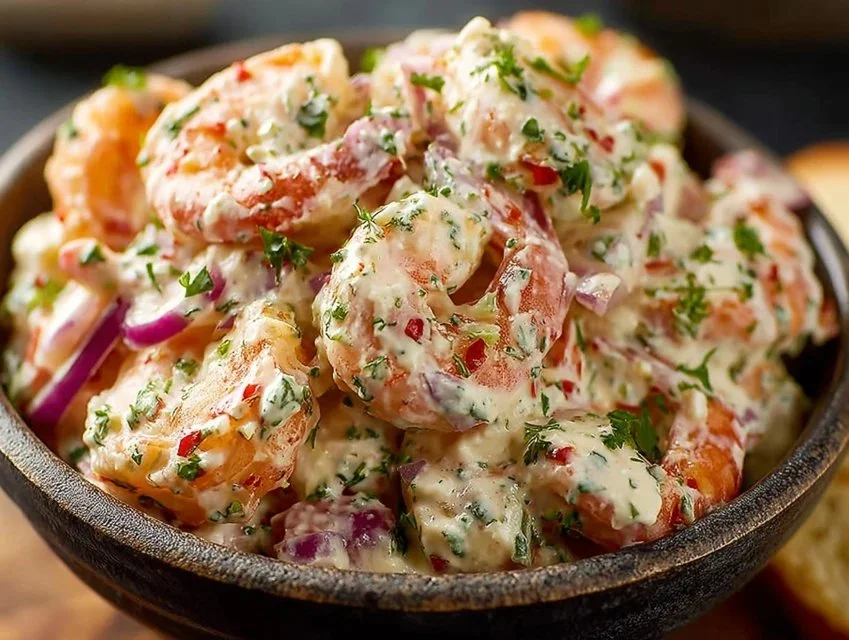 Delicious New York deli shrimp salad served in a bowl