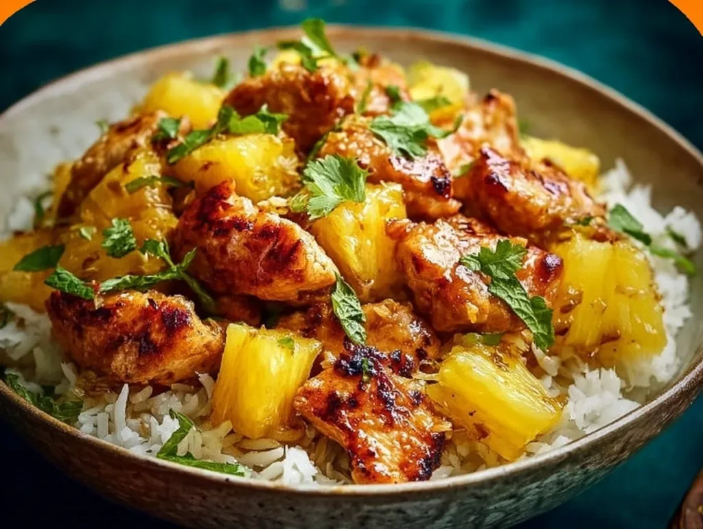 A delicious one-pan pineapple chicken and rice dish garnished with fresh herbs.
