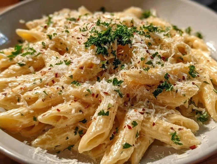 A delicious serving of one pot creamy garlic pasta topped with herbs.