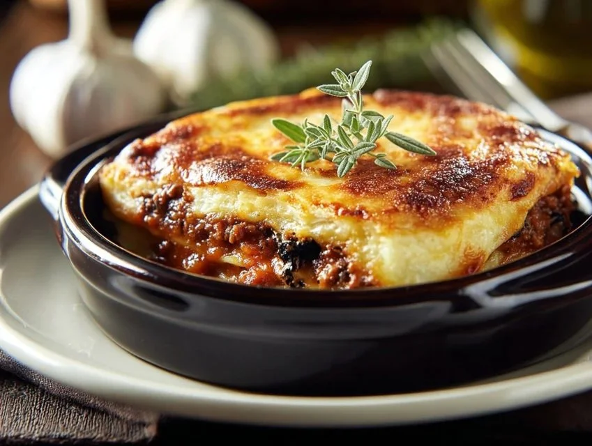 Delicious Greek Moussaka served in a traditional dish with layers of eggplant and meat