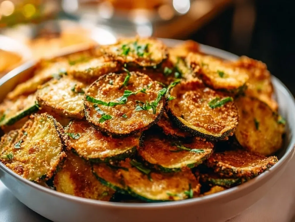 A plate of crispy oven-baked zucchini chips garnished with herbs.