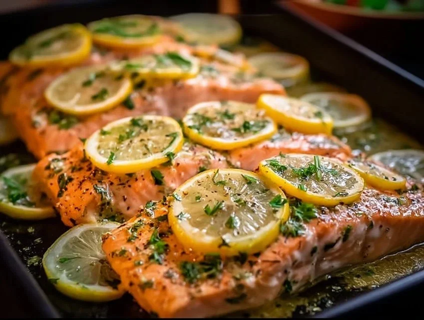 Delicious oven-roasted salmon fillet with marinade garnished with herbs