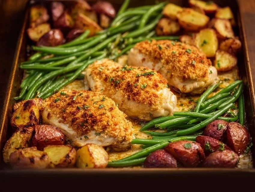 Parmesan Crusted Chicken on a sheet pan with vegetables.