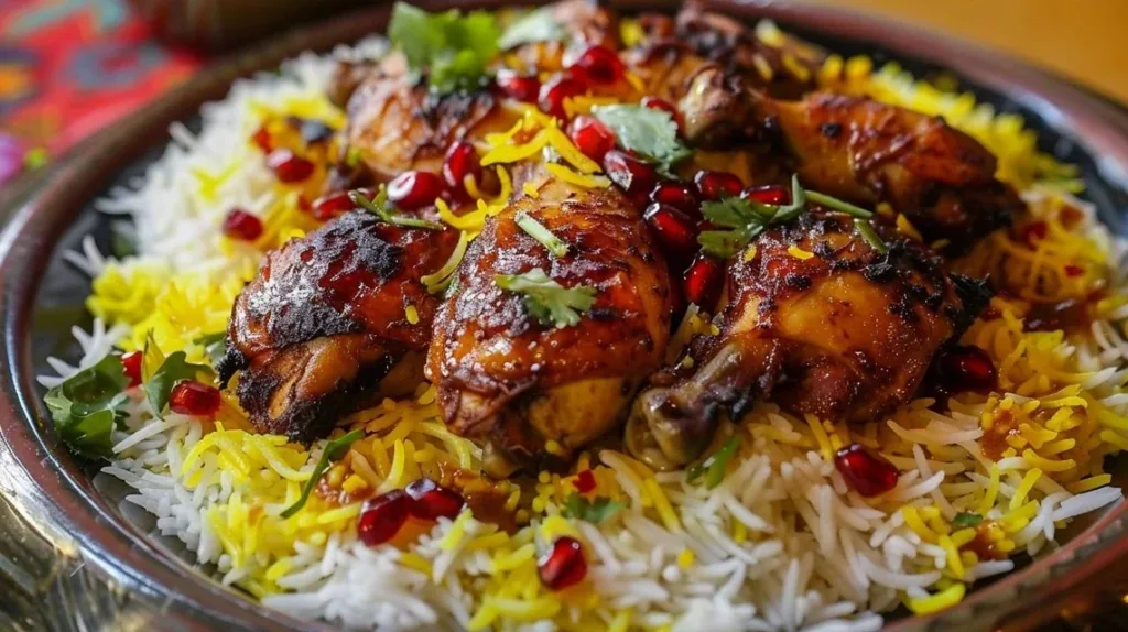 Persian Chicken served with Saffron Rice, showcasing vibrant spices and delicious flavors.