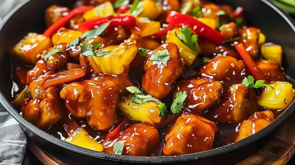 Delicious pineapple chicken recipe garnished with fresh herbs